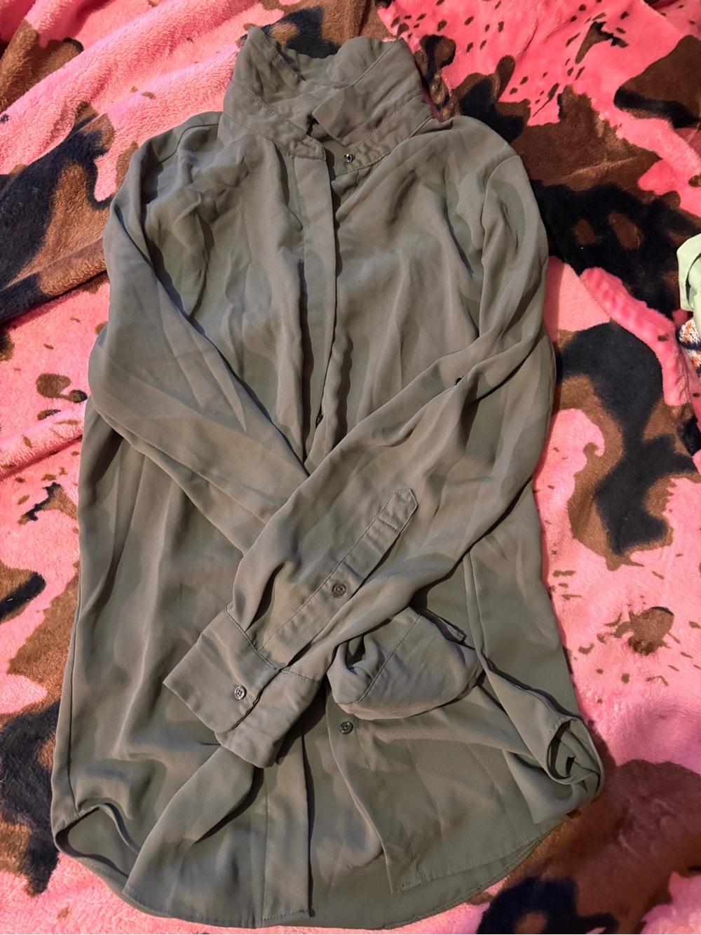 Olive Green Long Sleeve Button-Up Blouse